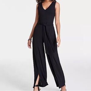 Bar III Black Sleeveless Split-Leg Jumpsuit with Belt